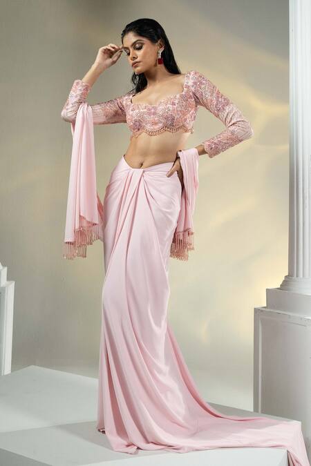 House Of Karmah_Pink Crepe Embroidered Beads Geometric Bustier Draped Skirt Set _at_Aza_Fashions