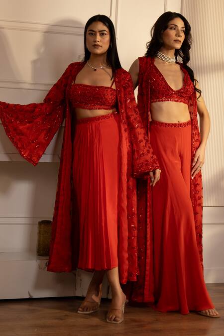 House Of Karmah_Red Satin, Organza, Tulle Crystals, Embroidery Pleated Skirt Set With Jacket _Online_at_Aza_Fashions