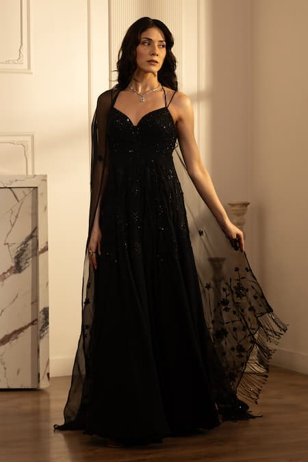 HOUSE OF KÀRMÀH Black Georgette Crepe Embroidered Sequins Sweetheart Midnight Gown With Dupatta 