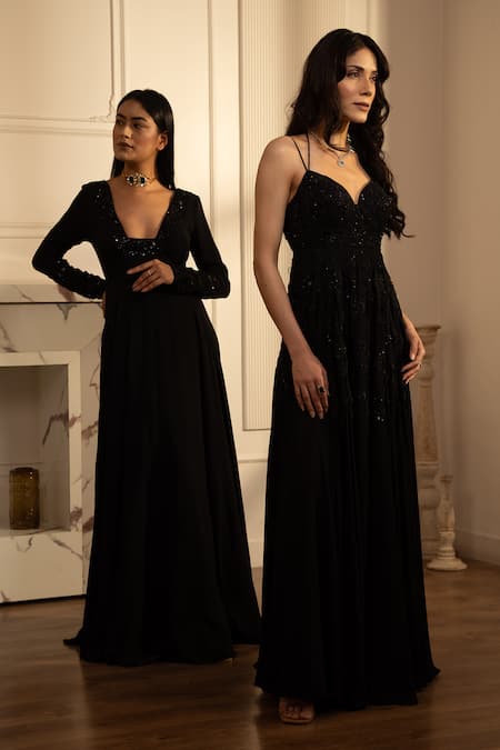 Shop House Of KàRMàH Black Georgette Crepe Embroidered Sequins Sweetheart Midnight Gown With Dupatta Online at Aza Fashions Shop_House Of KàRMàH_Black Georgette Crepe Embroidered Sequins Sweetheart Midnight Gown With Dupatta _Online_at_Aza_Fashions