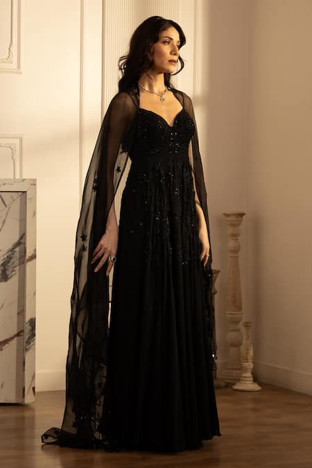 House Of KàRMàH Black Georgette Crepe Embroidered Sequins Sweetheart Midnight Gown With Dupatta at Aza Fashions House Of KàRMàH_Black Georgette Crepe Embroidered Sequins Sweetheart Midnight Gown With Dupatta _at_Aza_Fashions