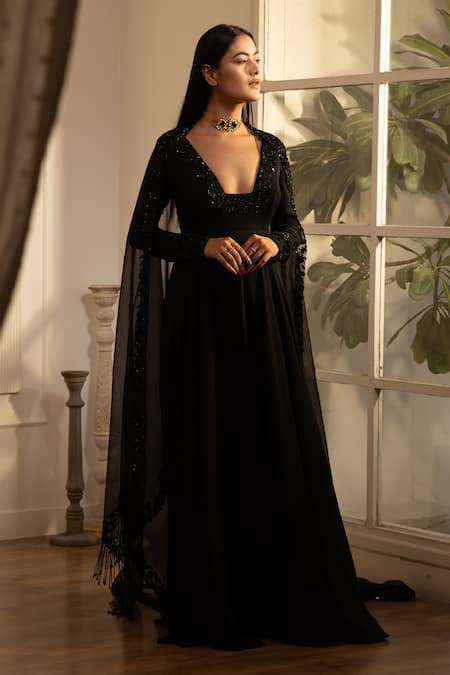 House Of KàRMàH Midnight Majesty Embroidered Gown With Dupatta 