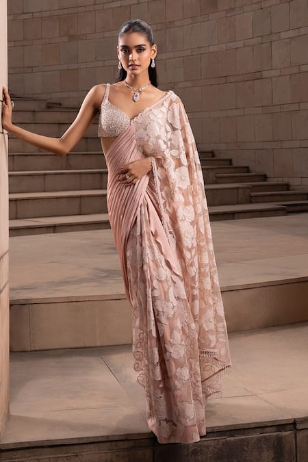 Seeaash Floral Applique Embroidered Pre-Draped Saree With Blouse 