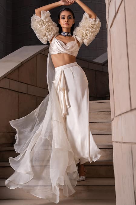 Seeaash Ruffle Embroidered Long Cape & Draped Skirt Set 