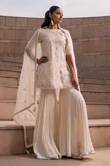 Seeaash White Kurta Organza Embroidery Jaal Round Floral Applique Buti And Gharara Set