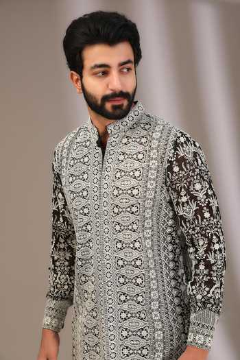 Shop Rabani & Rakha Black Georgette, Cotton Satin, Cotton, Silk Embroidery Thread Kurta With Pant Online at Aza Fashions Shop_Rabani & Rakha_Black Georgette, Cotton Satin, Cotton, Silk Embroidery Thread Kurta With Pant _Online_at_Aza_Fashions