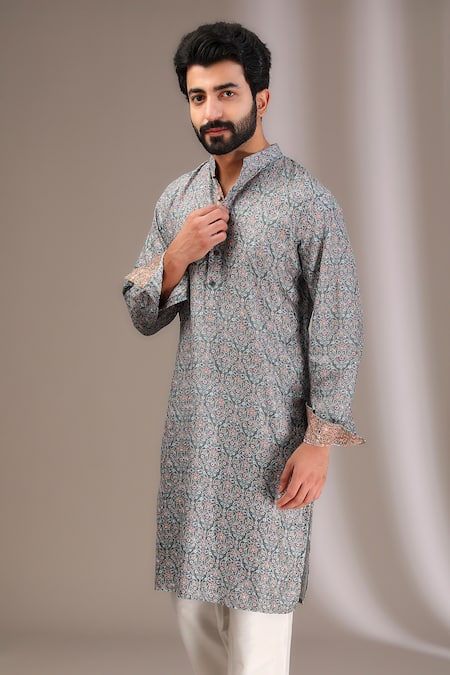 Rabani & Rakha_Blue Silk, Cotton Embroidery Thread Kurta With Solid Pant _Online_at_Aza_Fashions