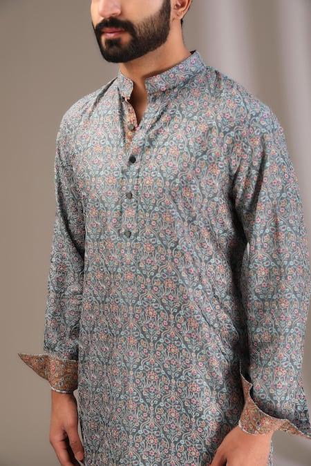 Shop_Rabani & Rakha_Blue Silk, Cotton Embroidery Thread Kurta With Solid Pant _Online_at_Aza_Fashions