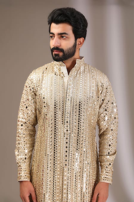 Shop_Rabani & Rakha_Ivory Georgette, Cotton Satin, Cotton, Silk Mirrors, Embroidered Kurta With Pant _Online_at_Aza_Fashions