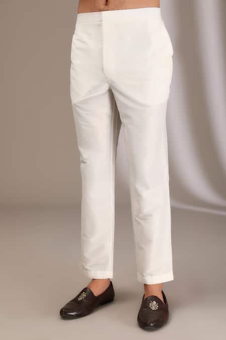 Rabani & Rakha_Ivory Georgette, Cotton Satin, Cotton, Silk Embroidered Kurta And Pant Set _Online_at_Aza_Fashions