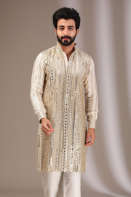 Buy_Rabani & Rakha_Ivory Georgette, Cotton Satin, Cotton, Silk Embroidered Kurta And Pant Set _Online_at_Aza_Fashions