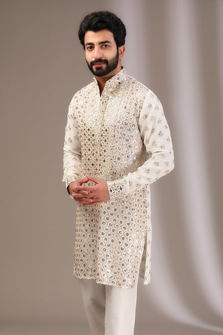 Shop_Rabani & Rakha_Ivory Georgette, Cotton, Silk Mirrors, Sequins Embroidered Kurta With Solid Pant _Online_at_Aza_Fashions