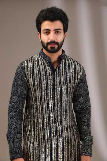 Rabani & Rakha Blue Georgette, Cotton Satin, Cotton, Silk Embroidered Front Kurta With Pant at Aza Fashions Rabani & Rakha_Blue Georgette, Cotton Satin, Cotton, Silk Embroidered Front Kurta With Pant _at_Aza_Fashions