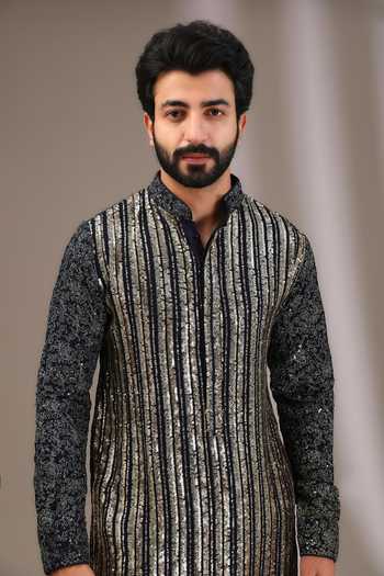 Shop Rabani & Rakha Blue Georgette, Cotton Satin, Cotton, Silk Embroidered Front Kurta With Pant Shop_Rabani & Rakha_Blue Georgette, Cotton Satin, Cotton, Silk Embroidered Front Kurta With Pant
