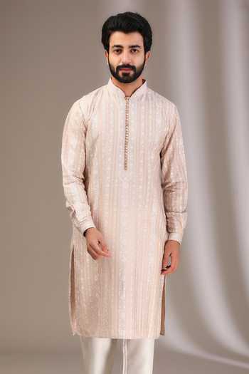 Buy_Rabani & Rakha_Beige Silk, Cotton Embroidery Floral Thread Kurta With Pant _Online_at_Aza_Fashions