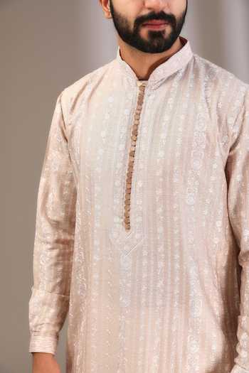 Shop_Rabani & Rakha_Beige Silk, Cotton Embroidery Floral Thread Kurta With Pant _Online_at_Aza_Fashions