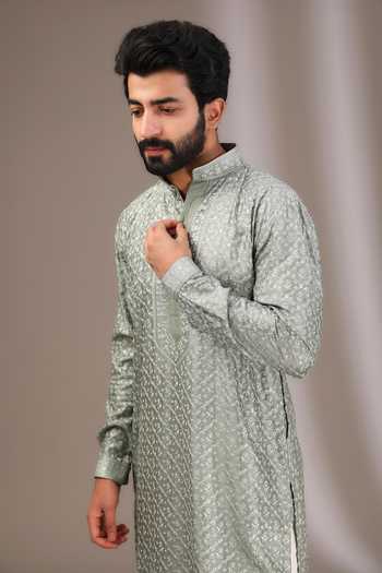 Buy Rabani & Rakha Green Silk, Cotton Embroidery Floral Kurta With Pant Online at Aza Fashions Buy_Rabani & Rakha_Green Silk, Cotton Embroidery Floral Kurta With Pant _Online_at_Aza_Fashions