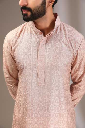 Shop_Rabani & Rakha_Pink Silk, Cotton Embroidery Floral Kurta And Pant Set _Online_at_Aza_Fashions