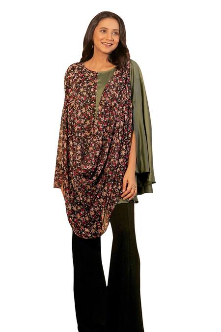 Buy_B'Infinite_Green Chiffon, Satin Round Neck Floral Print Draped Top_Online_at_Aza_Fashions