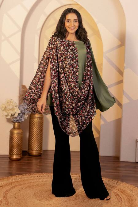 Shop_B'Infinite_Green Chiffon, Satin Round Neck Floral Print Draped Top