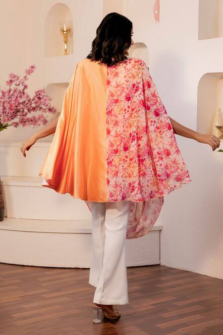 Shop_B'Infinite_Orange Chiffon, Satin Round Neck Primrose Print Draped Top_at_Aza_Fashions