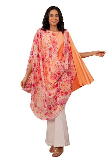 B'Infinite_Orange Chiffon, Satin Round Neck Primrose Print Draped Top_Online_at_Aza_Fashions