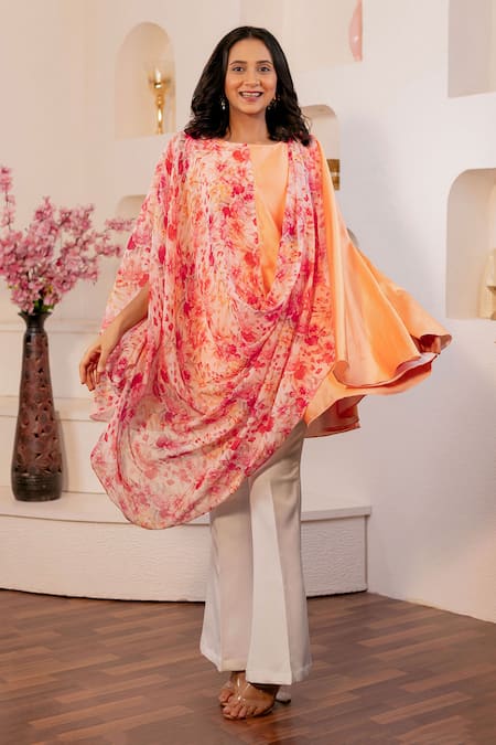 Buy_B'Infinite_Orange Chiffon, Satin Round Neck Primrose Print Draped Top_Online_at_Aza_Fashions