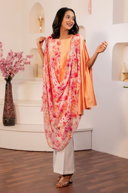 Shop_B'Infinite_Orange Chiffon, Satin Round Neck Primrose Print Draped Top_Online_at_Aza_Fashions