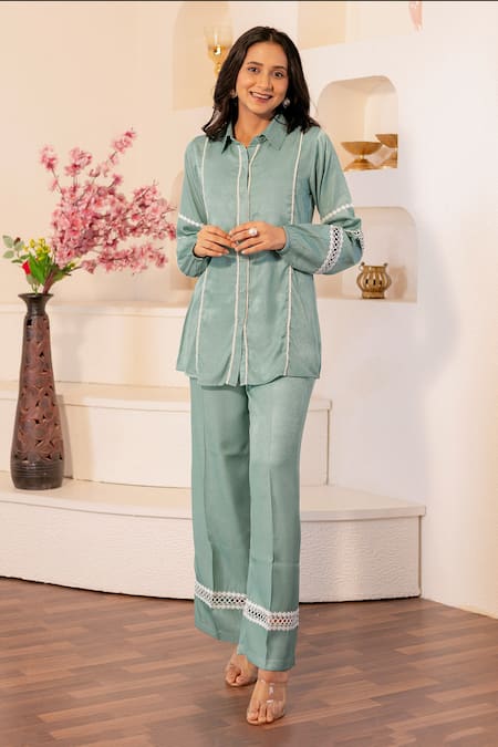 B'Infinite Blue Soft Linen Embellished Lace Collar Shirt And Pant Set 