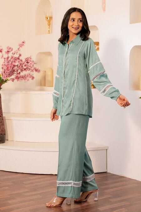 Shop_B'Infinite_Blue Linen Lace Collared Embellished Shirt And Pant Set_Online_at_Aza_Fashions