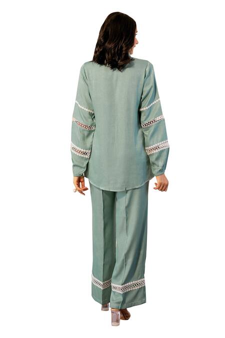 Buy_B'Infinite_Blue Linen Lace Collared Embellished Shirt And Pant Set