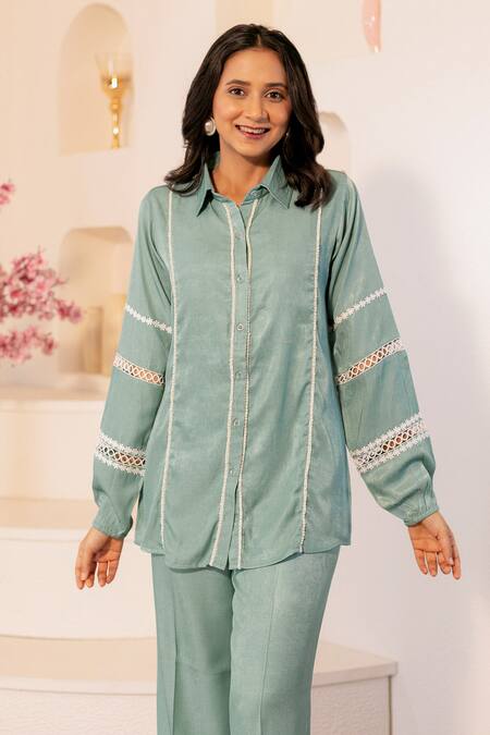 Shop_B'Infinite_Blue Linen Lace Collared Embellished Shirt And Pant Set