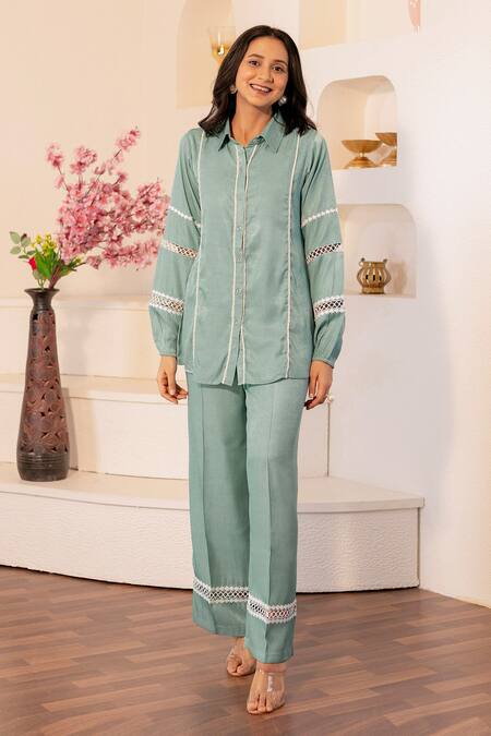 B'Infinite_Blue Linen Lace Collared Embellished Shirt_Online_at_Aza_Fashions