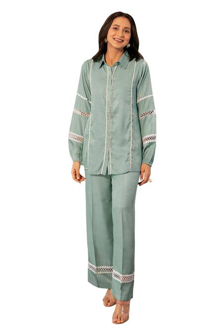 Buy_B'Infinite_Blue Linen Lace Collared Embellished Shirt_Online_at_Aza_Fashions