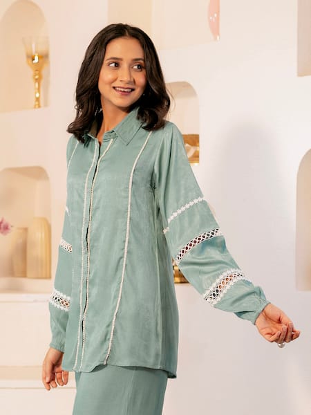 B'Infinite_Blue Linen Lace Collared Embellished Shirt_at_Aza_Fashions