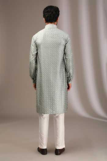 Shop Rabani & Rakha Green Silk, Cotton Embroidery Floral Kurta With Pant at Aza Fashions Shop_Rabani & Rakha_Green Silk, Cotton Embroidery Floral Kurta With Pant _at_Aza_Fashions