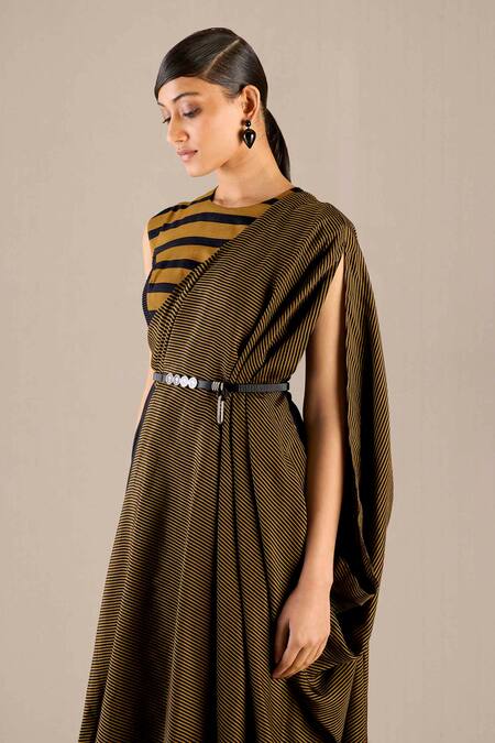 Ampm Black Silk Round Neck Stripe Detailed Pre-draped Saree Gown at Aza Fashions Ampm_Black Silk Round Neck Stripe Detailed Pre-draped Saree Gown _at_Aza_Fashions