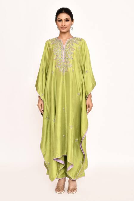 Buy_Anushree Reddy_Green Zari Split V-neck Zardozi Embroidered Kaftan Pant Set _Online_at_Aza_Fashions