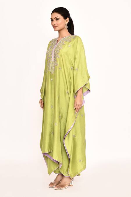 Shop_Anushree Reddy_Green Zari Split V-neck Zardozi Embroidered Kaftan Pant Set _Online_at_Aza_Fashions