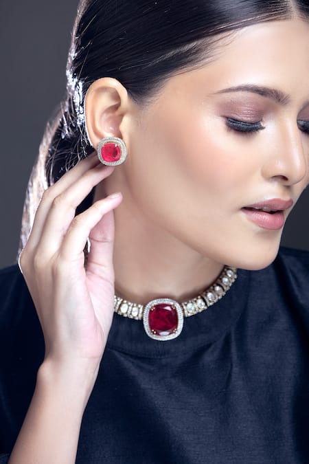 Moh-Maya By Disha Khatri_Gold Plated Zari Zirconia Embellished Pendant Necklace Set _Online_at_Aza_Fashions