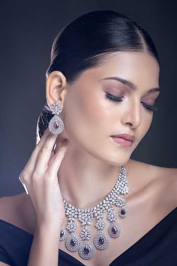 Shop_Moh-Maya By Disha Khatri_Silver Plated Crystals Tear Drop Cutwork Dangler Necklace Set _Online_at_Aza_Fashions