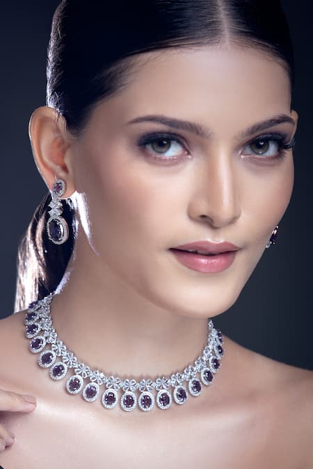 Shop Moh-Maya By Disha Khatri Purple Zari Zirconia Embellished Necklace Set Shop_Moh-Maya By Disha Khatri_Purple Zari Zirconia Embellished Necklace Set