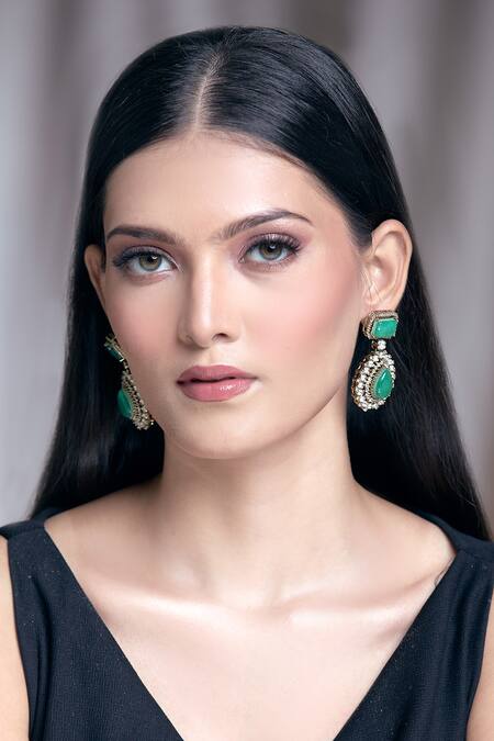 Moh-Maya By Disha Khatri_Gold Plated Zari Zirconia Embellished Danglers _at_Aza_Fashions