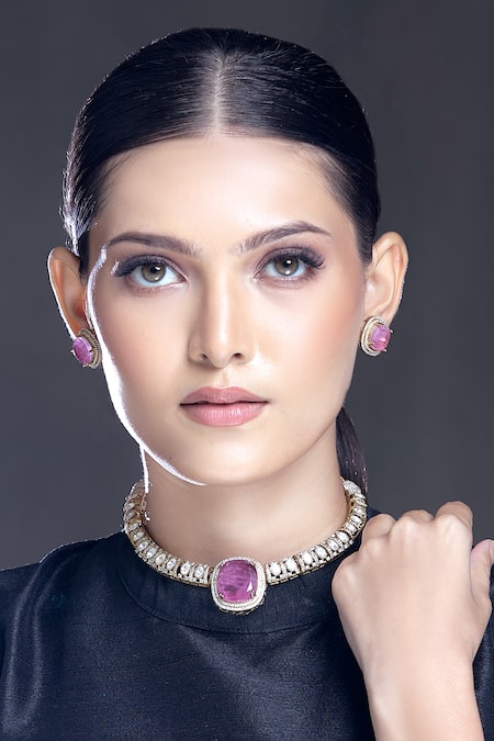 Shop_Moh-Maya By Disha Khatri_Gold Plated Zari Amethyst Stone Embellished Pendant Necklace Set 