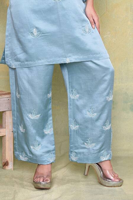 Amethyst Blue Linen, Satin Embroidery, Sequins Split V-neck Floral Yoke Kurta With Pant Online at Aza Fashions Amethyst_Blue Linen, Satin Embroidery, Sequins Split V-neck Floral Yoke Kurta With Pant_Online_at_Aza_Fashions