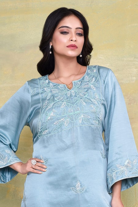 Buy Amethyst Blue Linen, Satin Embroidery, Sequins Split V-neck Floral Yoke Kurta With Pant Online at Aza Fashions Buy_Amethyst_Blue Linen, Satin Embroidery, Sequins Split V-neck Floral Yoke Kurta With Pant_Online_at_Aza_Fashions