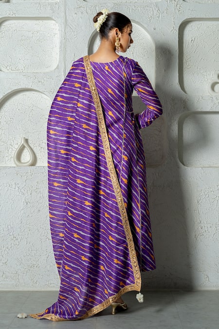 Yuvraani Jaipur_Purple Kota Doria, Cotton Patti, Diagonal Stripe Pattern Anarkali Pant Set _Online_at_Aza_Fashions