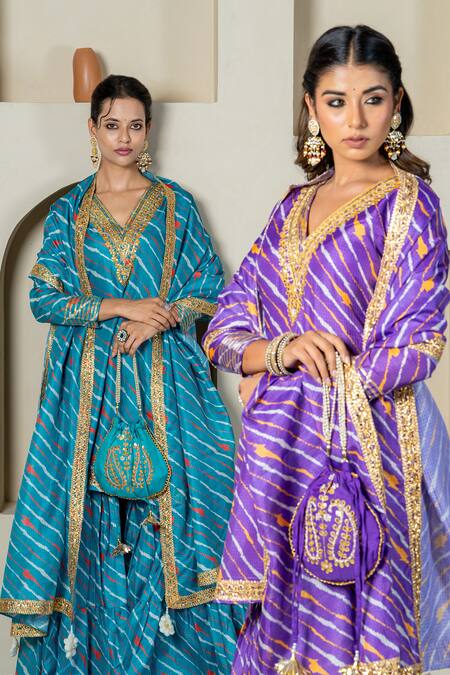 Buy_Yuvraani Jaipur_Purple Kota Doria, Cotton Patti, Diagonal Stripe Pattern Anarkali Pant Set _Online_at_Aza_Fashions