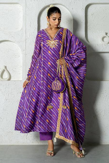 Shop_Yuvraani Jaipur_Purple Kota Doria, Cotton Patti, Diagonal Stripe Pattern Anarkali Pant Set _Online_at_Aza_Fashions