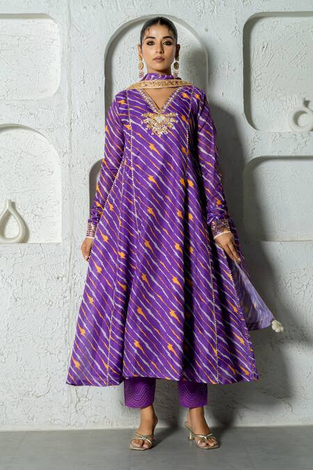 Yuvraani Jaipur_Purple Kota Doria, Cotton Patti, Diagonal Stripe Pattern Anarkali Pant Set _at_Aza_Fashions